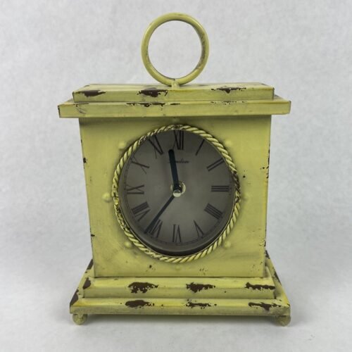 Yellow Mantle Clock Metal Distressed Battery Operated Desk Table Shelf Shabby