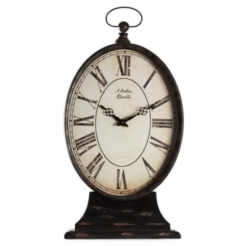 Zentique Table Clock Pedestal Base+Analog+Roman Numerals+Metal Antique Black