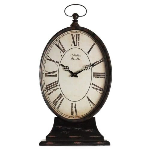 Zentique Table Clocks Antique Black Oval Iron Table Clock On Base W/ A Top Ring
