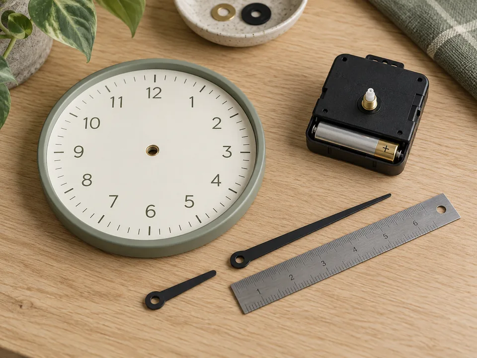 Quartz clock movement beside a clock dial and detached hands - clock repair