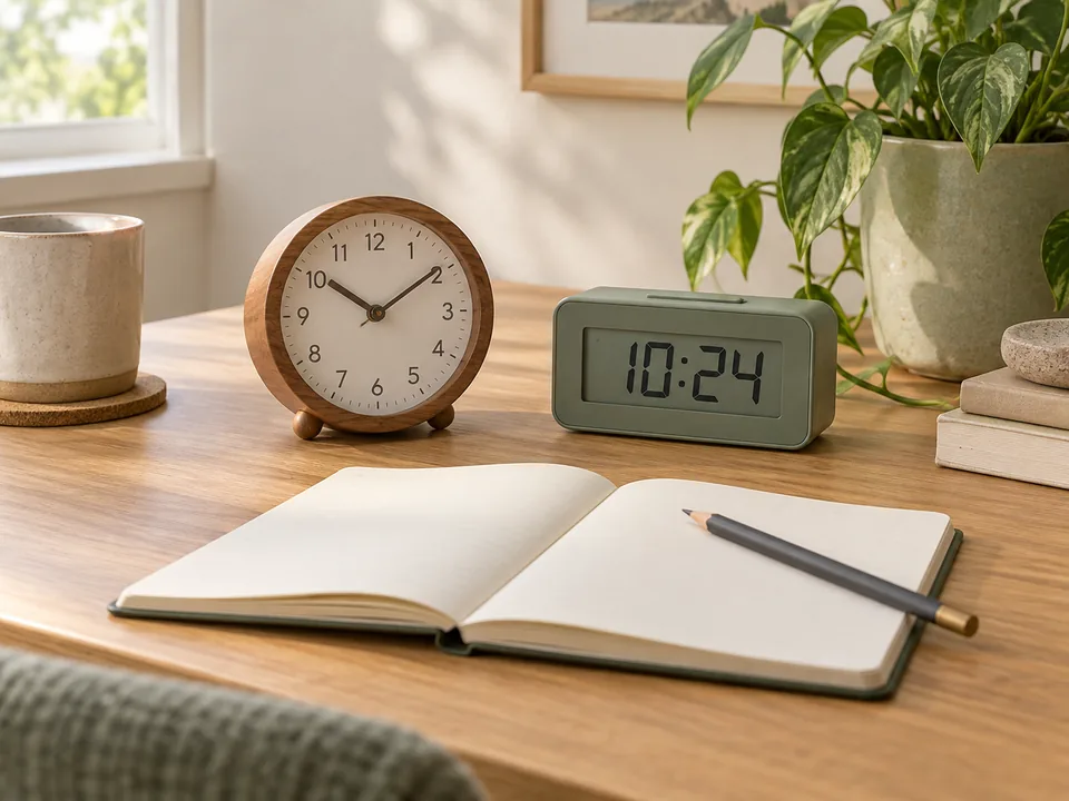 Analog and digital clocks beside a notebook for comparing options - compare clocks