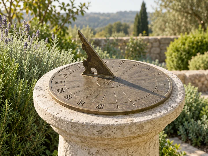 Bronze sundial on a stone pedestal in a garden - garden sundial