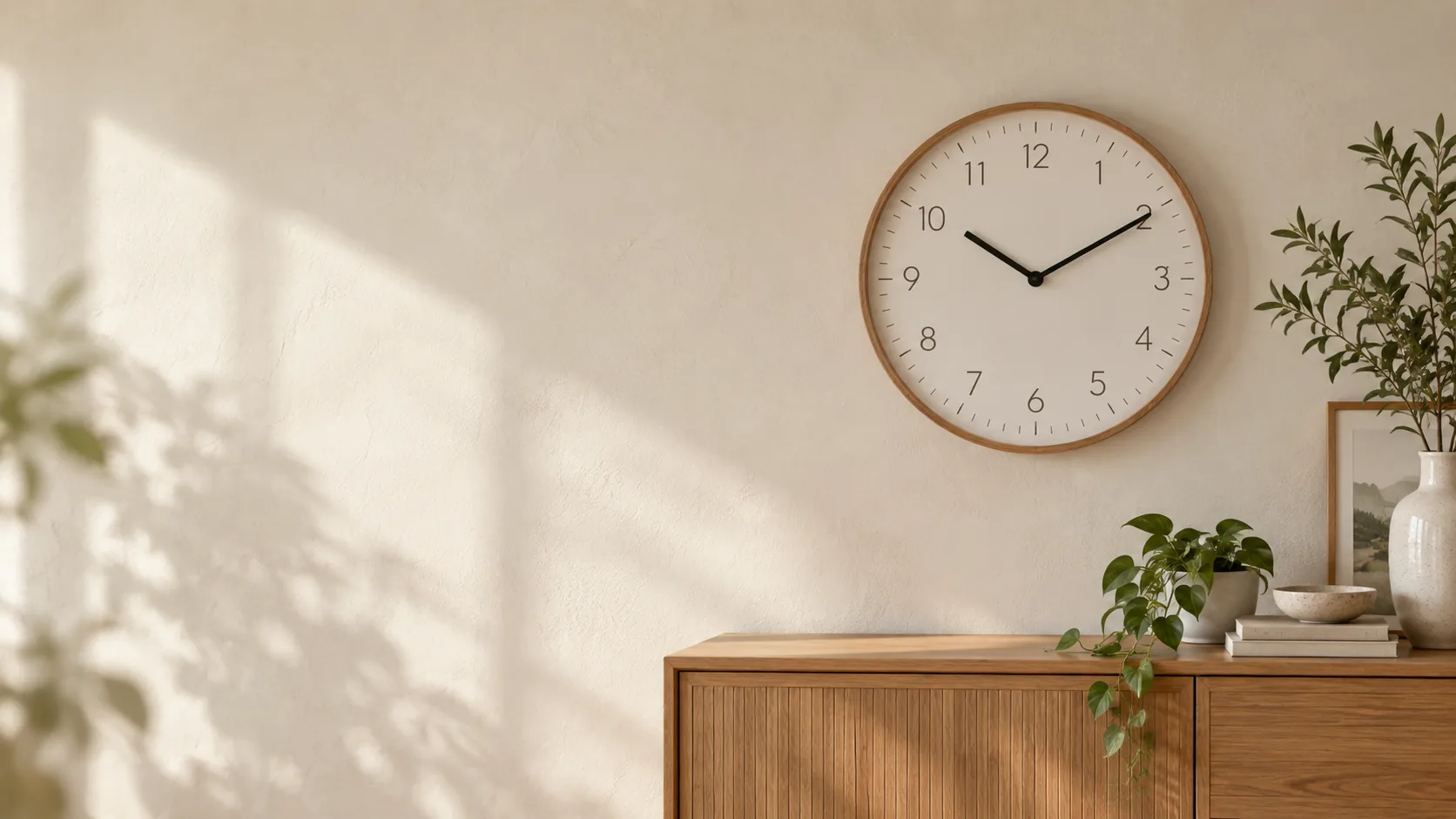 Round wall clock above a wooden sideboard in a softly lit home - hero room